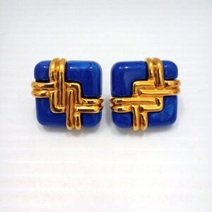 VTG Avon Convertible Colors Blue Enamel Gold Tone Statement Pierced Earring 1992